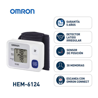 OMRON HEM-6124 – Baumanómetro Digital de Muñeca Portátil con Sensor de Posición, Inflado Personalizado y Detección de Latidos Irregulares
