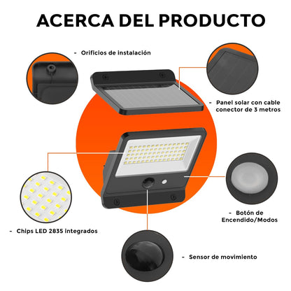 Tecnolite - Lámpara Solar LED 10 W, Luz de Día, Sensor de Movimiento, Modos de Luz, IP65