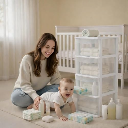 Italhome Cajonera ONYX 4 de Plástico Blanca con 4 Cajones Transparentes, Organizador Multiusos Desarmable para Recámara, Oficina o Cocina