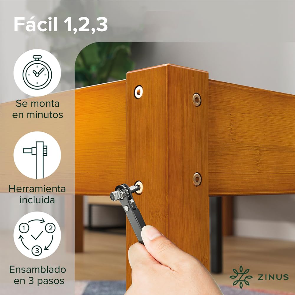 Zinus Ellie Marco de Cama de bambú de 36 cm con Listones de Madera, sin somier, fácil Montaje.