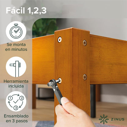 Zinus Ellie Marco de Cama de bambú de 36 cm con Listones de Madera, sin somier, fácil Montaje.