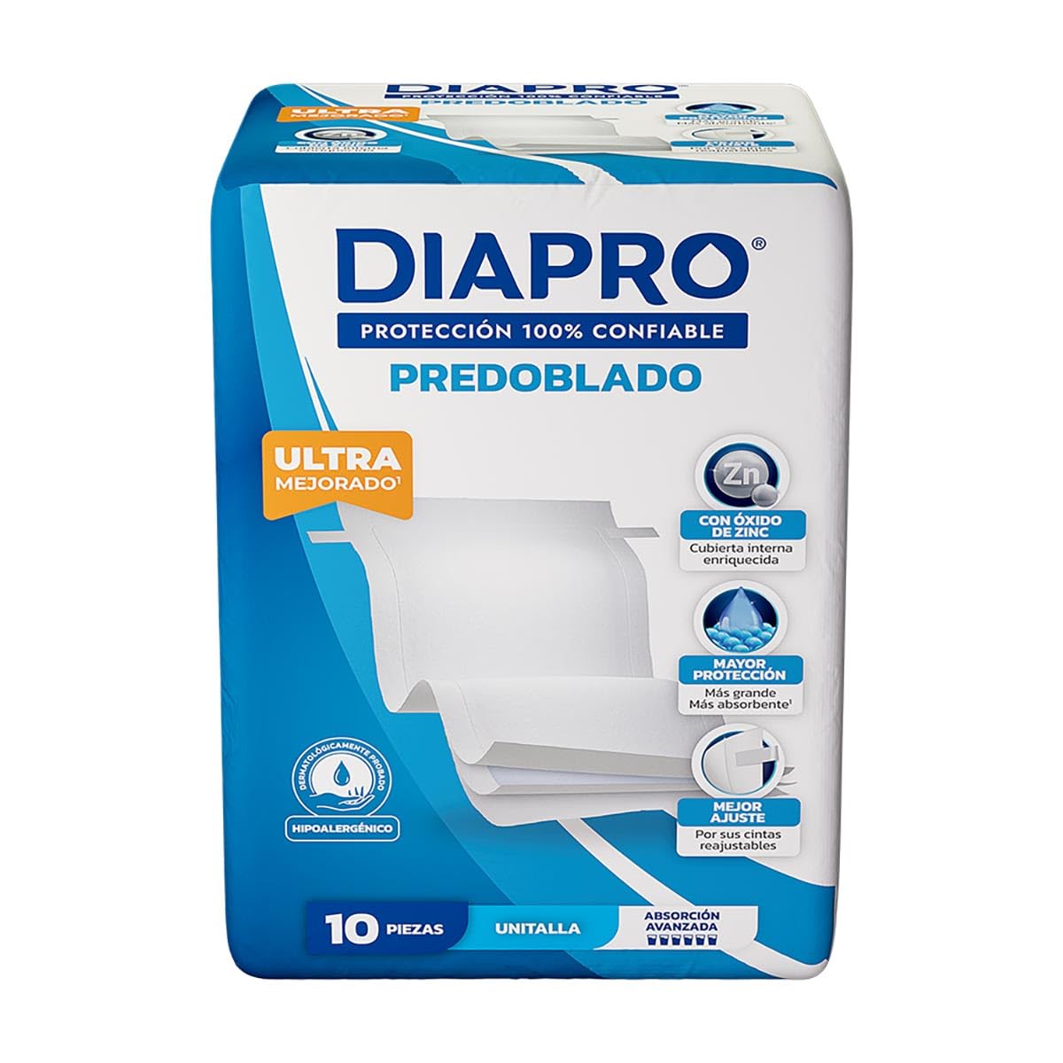 Diapro Pañal Predoblado Gel para Incontinencia, Unitalla, Paquete con 10 Piezas, ideal para personas en cama o para cubrir alguna superficie