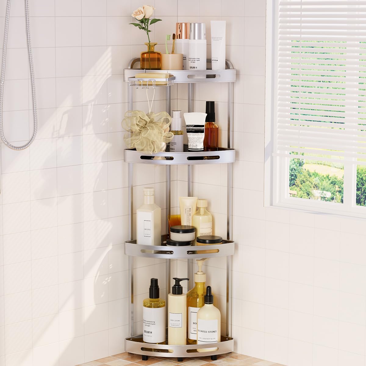 Binecer - Organizador de Ducha de Esquina de 4 Niveles con Soporte para jabón, estantes de Ducha inoxidables para Almacenamiento de champú, Color Plateado
