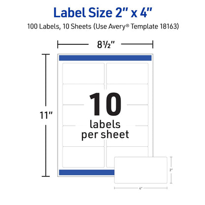 Avery Shipping Labels for Laser and Inkjet Printers, White, 2 x 4 Inches, Pack of 100 (18163)