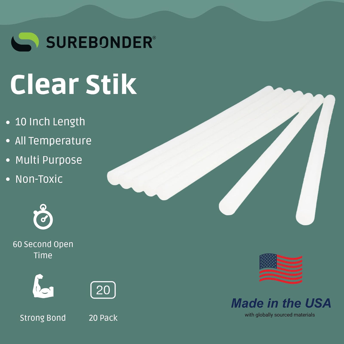 Surebonder Barras de pegamento multiusos fabricadas en los Estados Unidos, para todas las temperaturas, transparentes de 7/16 pulgadas de profundidad, 10 pulgadas de largo, 20 varillas por bolsa