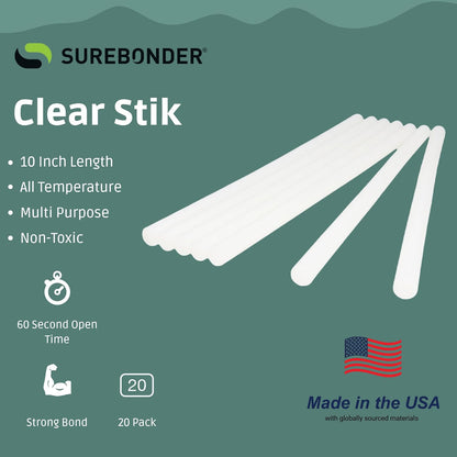 Surebonder Barras de pegamento multiusos fabricadas en los Estados Unidos, para todas las temperaturas, transparentes de 7/16 pulgadas de profundidad, 10 pulgadas de largo, 20 varillas por bolsa