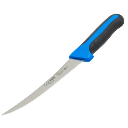 Winco Sof-Tek, cuchillo para deshuesar de 6 pulgadas, curvado, mango de agarre suave, plateado/negro/azul