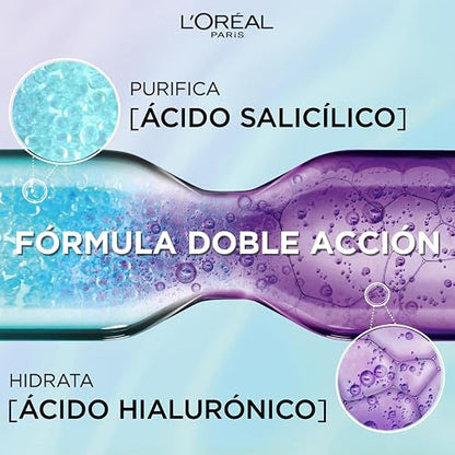 L'Oréal Paris Shampoo micelar con Ácido Hialurónico y Ácido Salicilico Elvive Hialurónico Pure, 2 veces cabello más limpio, para raíz grasa y puntas deshidratadas, 300ml