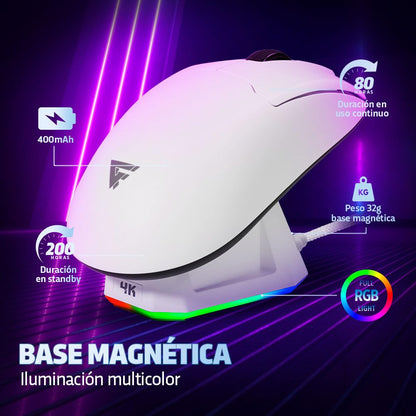 GAME FACTOR MOW800-WH Mouse Gamer Inalambrico RGB Óptico Pixart 3395 26,000 dpi Base Magnetica RGB Ultra Baja Latencia Ultra Ligero 56 Gramos Bluetooth Doungle 2.4 GHz Color Blanco