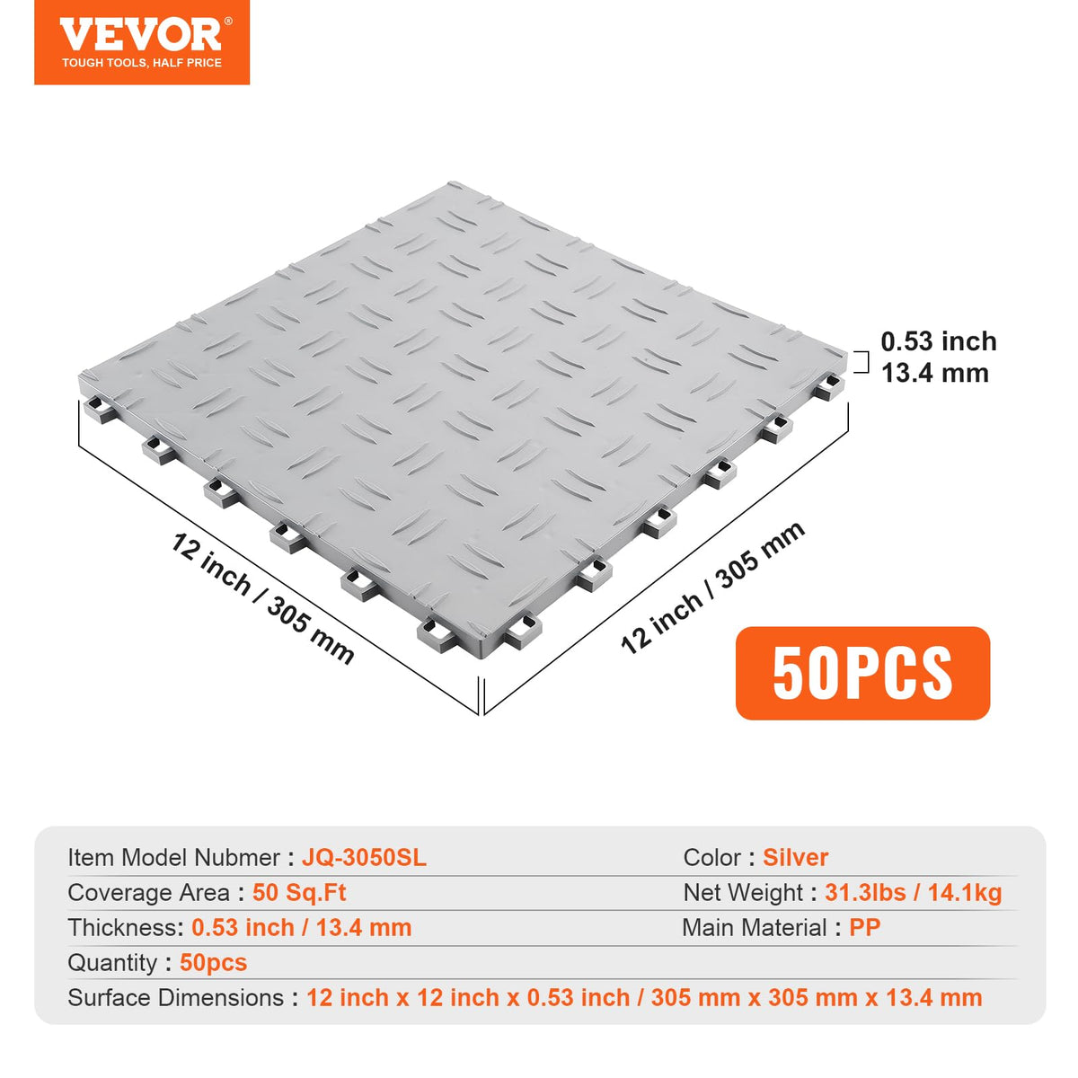 VEVOR Baldosas de Garaje Entrelazadas 50 Piezas Baldosas de PP para Suelo de Garaje 305 x 305 x 13,4 mm Textura Antideslizante de Doble Cara, para Garajes, Sótanos, Talleres de Reparación, Plata