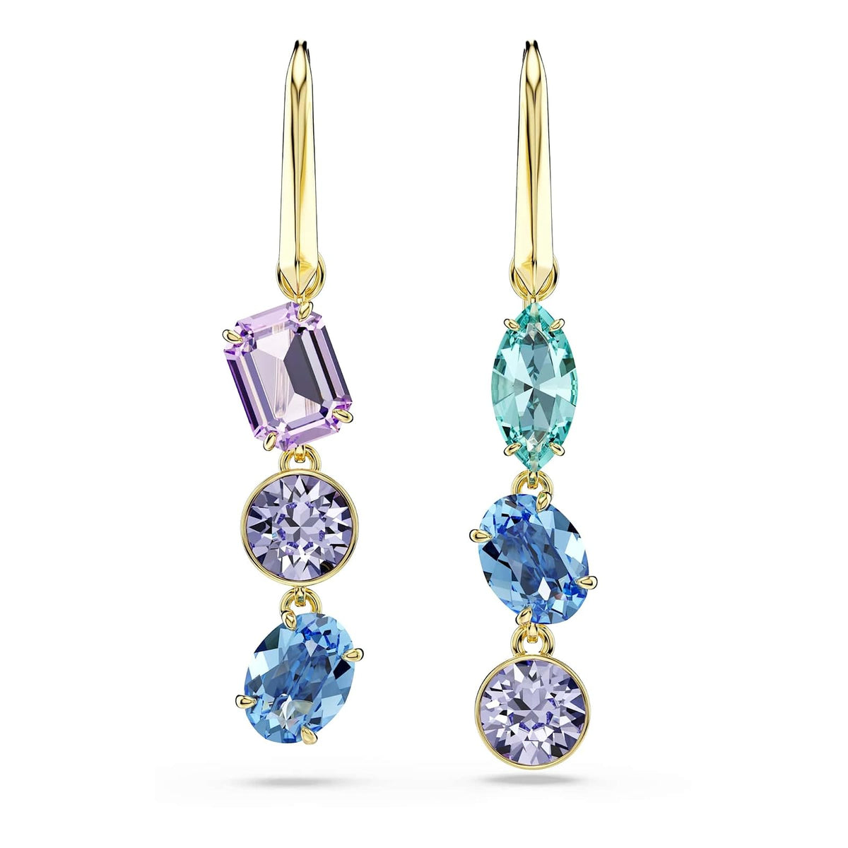 arete de gota Swarovski Gema, diseño asimétrico, corte mixto, multicolor, baño dorado