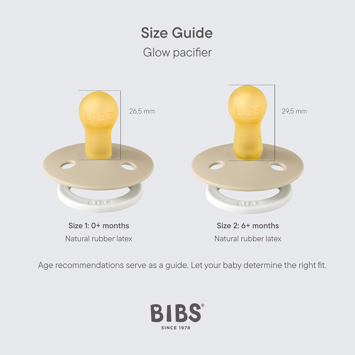 BIBS Chupones Colour Pack de 2, Brillan en la oscuridad, Tetina redonda de látex natural, Talle 2, Color Blush GLOW/Vanilla GLOW, 6 a 18 meses, Hecho en Dinamarca