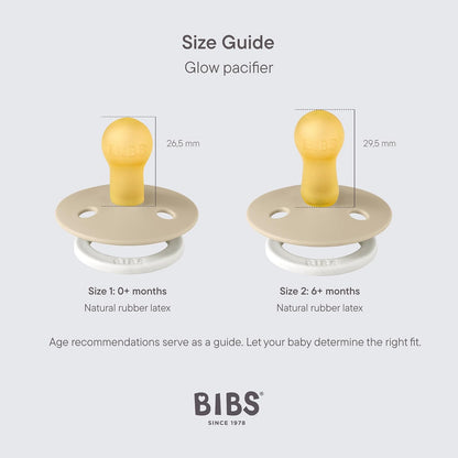 BIBS Chupones Colour Pack de 2, Brillan en la oscuridad, Tetina redonda de látex natural, Talle 2, Color Blush GLOW/Vanilla GLOW, 6 a 18 meses, Hecho en Dinamarca