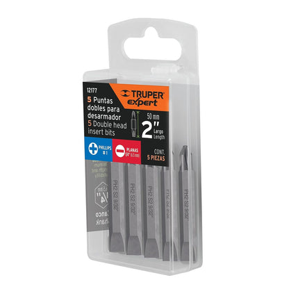 Truper Expert PUDE-4201, Estuche con 5 puntas dobles PH1 y 1/4" largo 2"