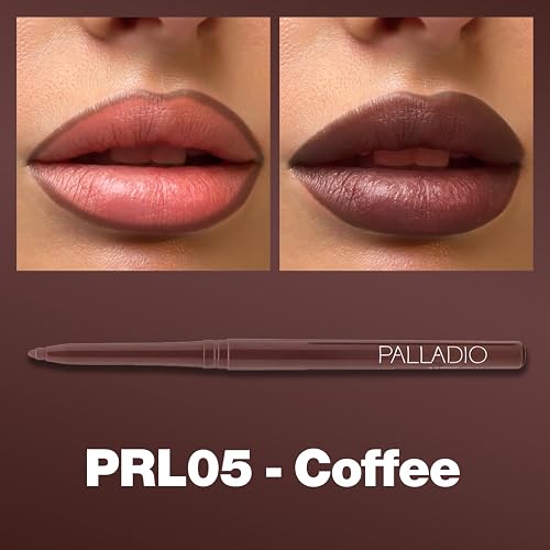 Palladio Delineador de Labios Retráctil Resistente al Agua de Alto Pigmento y Color Cremoso, Fórmula a Prueba de Manchas y de Larga Duración Todo el Día sin Necesidad de Sacapuntas, Coffee