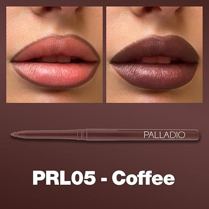 Palladio Delineador de Labios Retráctil Resistente al Agua de Alto Pigmento y Color Cremoso, Fórmula a Prueba de Manchas y de Larga Duración Todo el Día sin Necesidad de Sacapuntas, Coffee