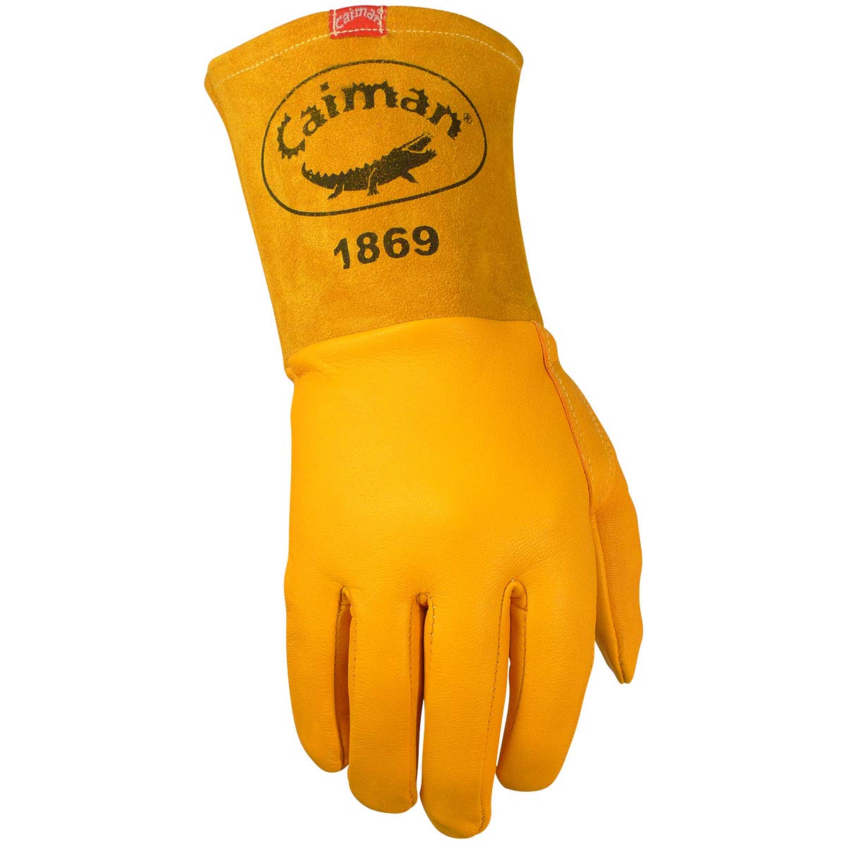 Caiman - Guantes de soldadura MIG de piel de cabra de grano superior, costuras de Kevlar DuPont, sin forro, puño de guantelete de 4 pulgadas, dorado, L (1869-5)