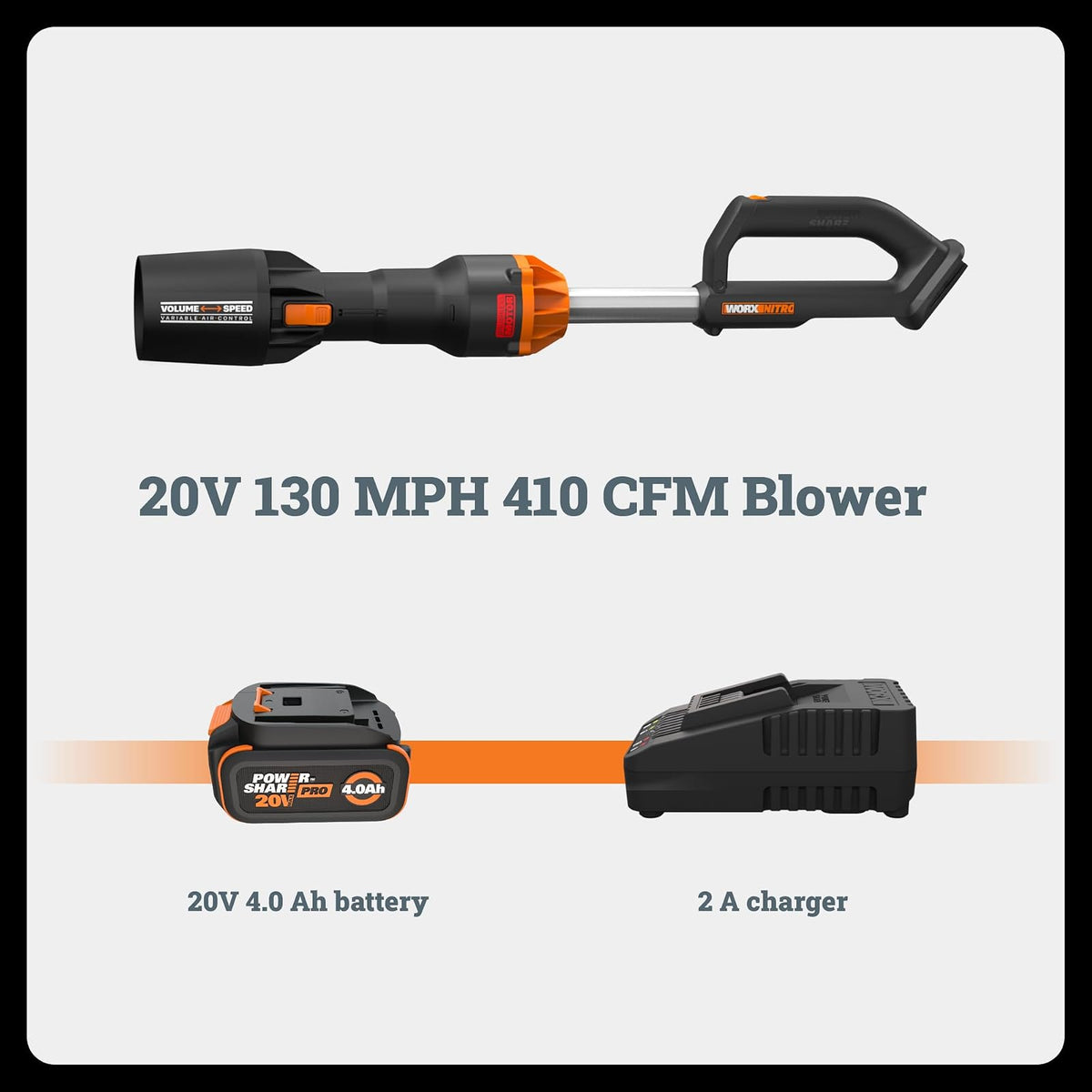 WORX Nitro - Soplador de hojas inalámbrico, soplador eléctrico con 410 CFM y 130 MPH, sopladores para cuidado del césped con batería de 4 libras, 4 Ah y cargador incluidos, WG543