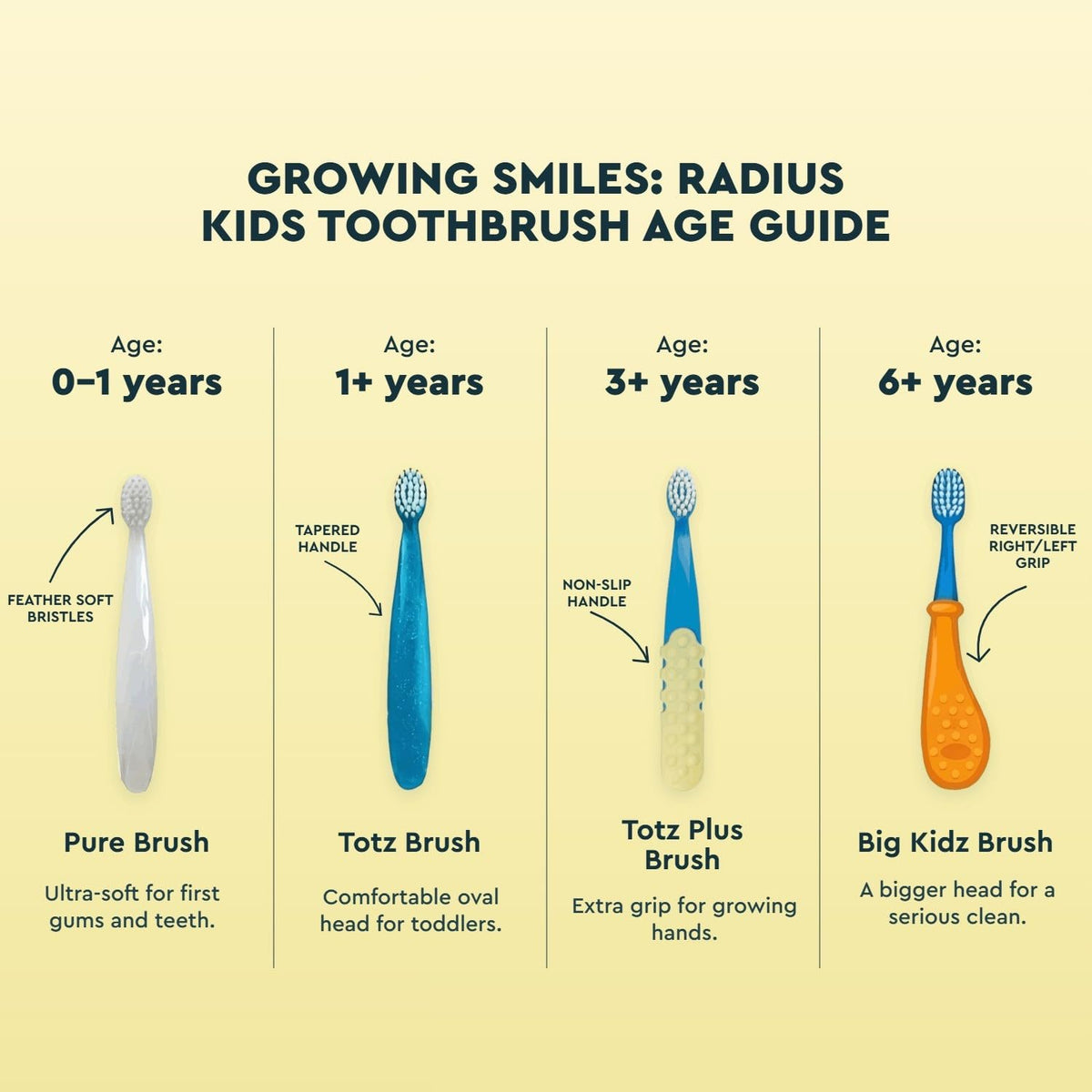 RADIUS Cepillo de dientes para niños, Totz Plus, sedoso, suave, paquete de 3 en colores surtidos, sin BPA y aceptado por ADA, diseñado para dientes y encías delicados, para niños de 3 años en adelante