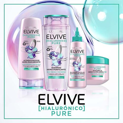 L'Oréal Paris Shampoo micelar con Ácido Hialurónico y Ácido Salicilico Elvive Hialurónico Pure, 2 veces cabello más limpio, para raíz grasa y puntas deshidratadas, 300ml