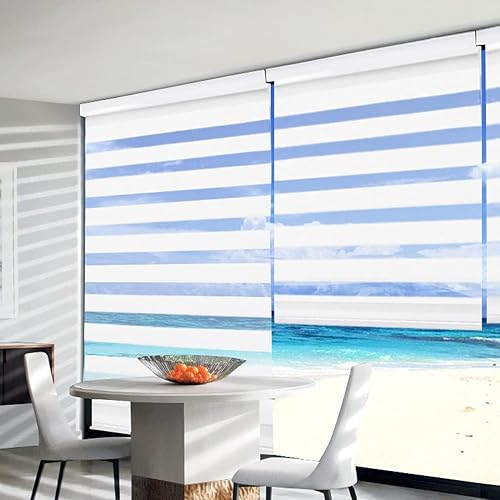 Joydeco - Mini persianas de cebra inalámbricas para ventanas, color blanco transparente filtrando la luz de privacidad de doble capa para puerta corredera de vidrio de recámara, 35 pulgadas de ancho x 75 pulgadas de alto