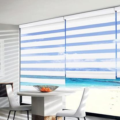 Joydeco - Mini persianas de cebra inalámbricas para ventanas, color blanco transparente filtrando la luz de privacidad de doble capa para puerta corredera de vidrio de recámara, 35 pulgadas de ancho x 75 pulgadas de alto
