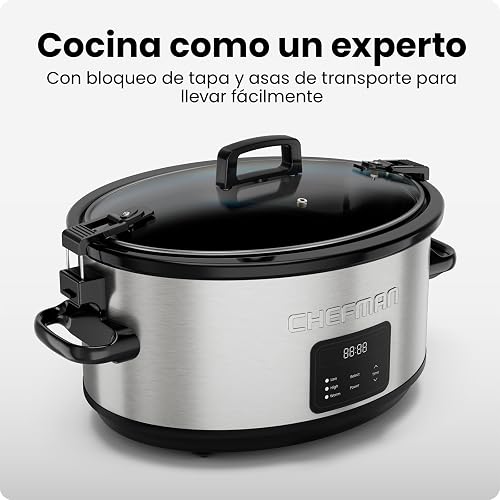 Chefman Olla de cocción lenta eléctrica de 7 cuartos con tapa de bloqueo, olla de cocción lenta programable con tres temperaturas digitales para platos principales, sopas y guisos,Acero inoxidable
