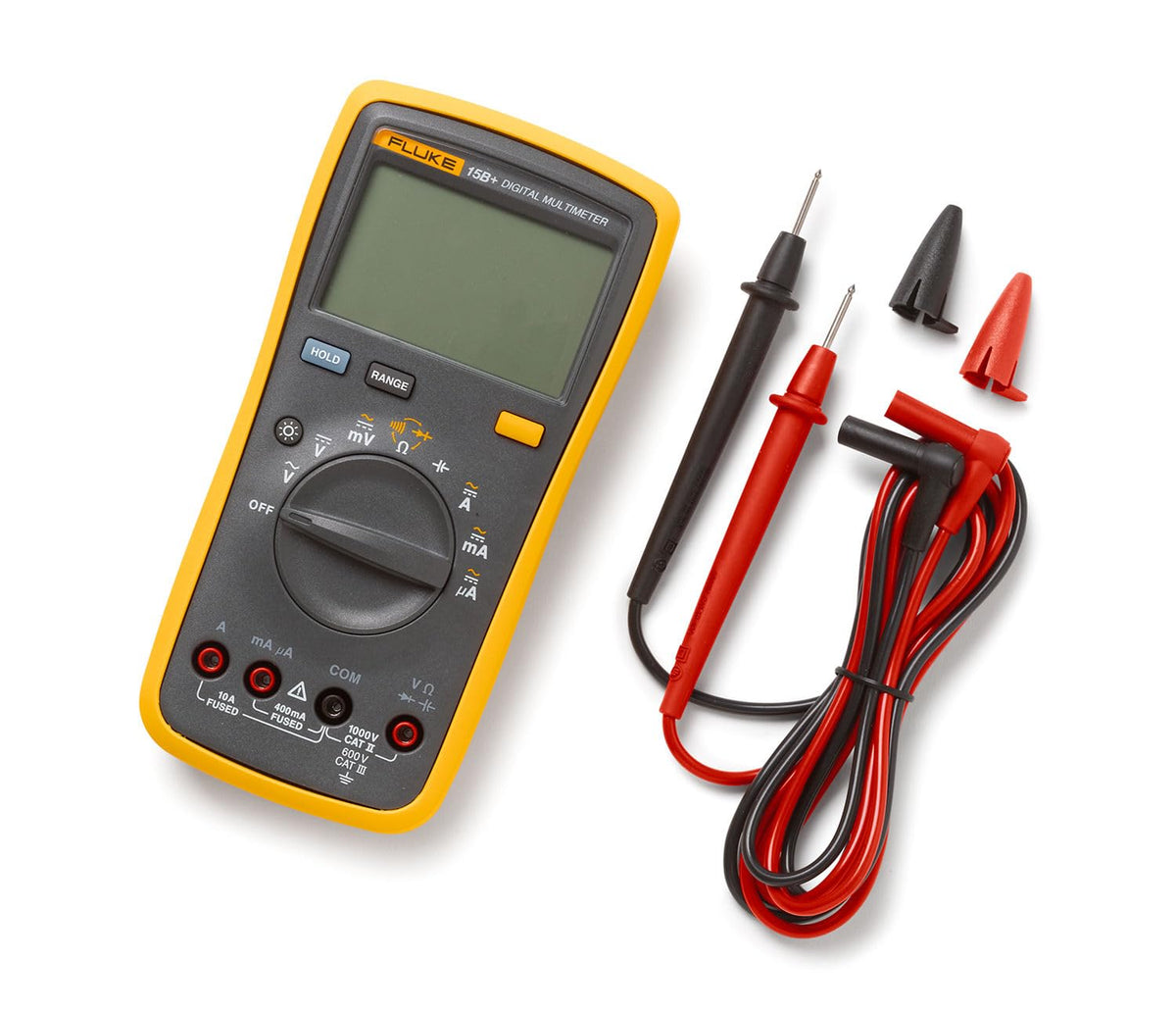 Fluke 15B+ Multímetro Digital Profesional 1000 V AC/DC, 10 A AC/DC, Resistencia, Capacitancia, Continuidad, Pantalla Retroiluminada, Cat III 600 V (Valor Medio)