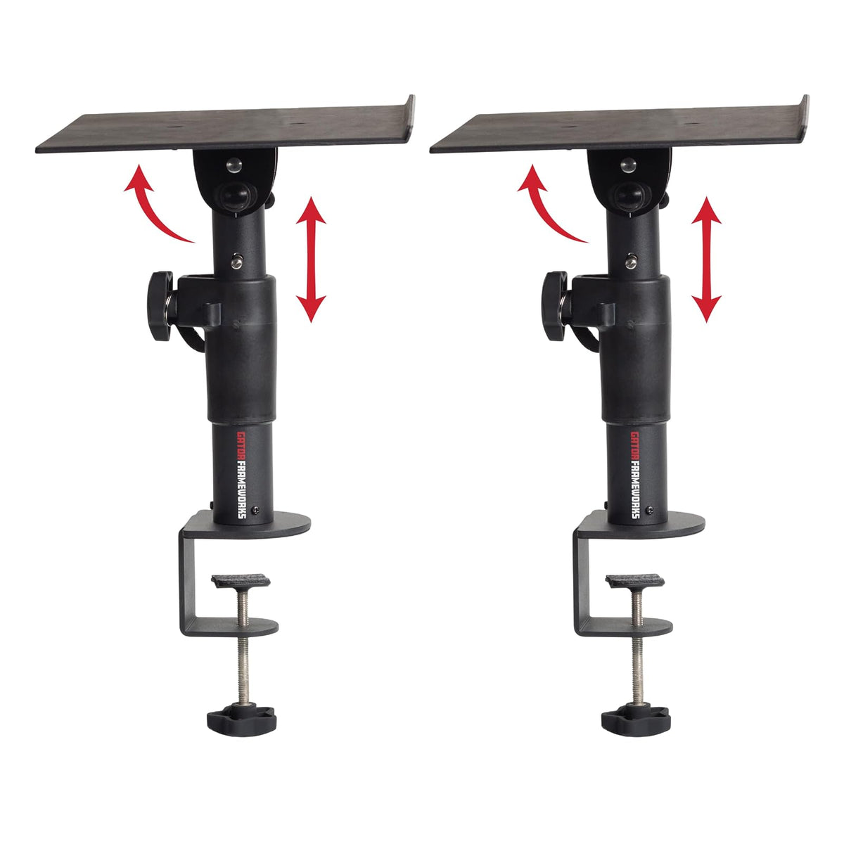 Gator Frameworks - Soporte de computadora para monitor y altavoz con superficie acolchada de espuma EVA, ángulo ajustable de 0° a 15° - Juego de 2 (GFWSPKSTMNDSKCMP)