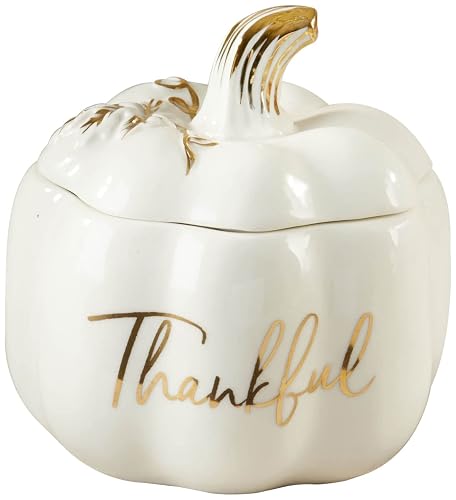 Kate Aspen Thankful - tazón decorativo de calabaza blanca, Soporte para joyería/plato de caramelos, decoración de otoño, decoración del hogar, premio de ducha (23272NA)