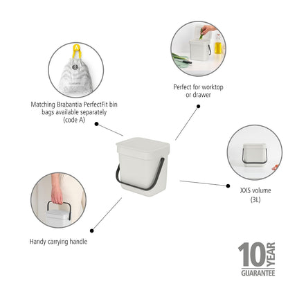 Brabantia Sort & Go - cubeta de basura para alimentos (0.8 gal/gris claro) pequeño para encimera de cocina con mango y tapa extraíble, fácil de limpiar