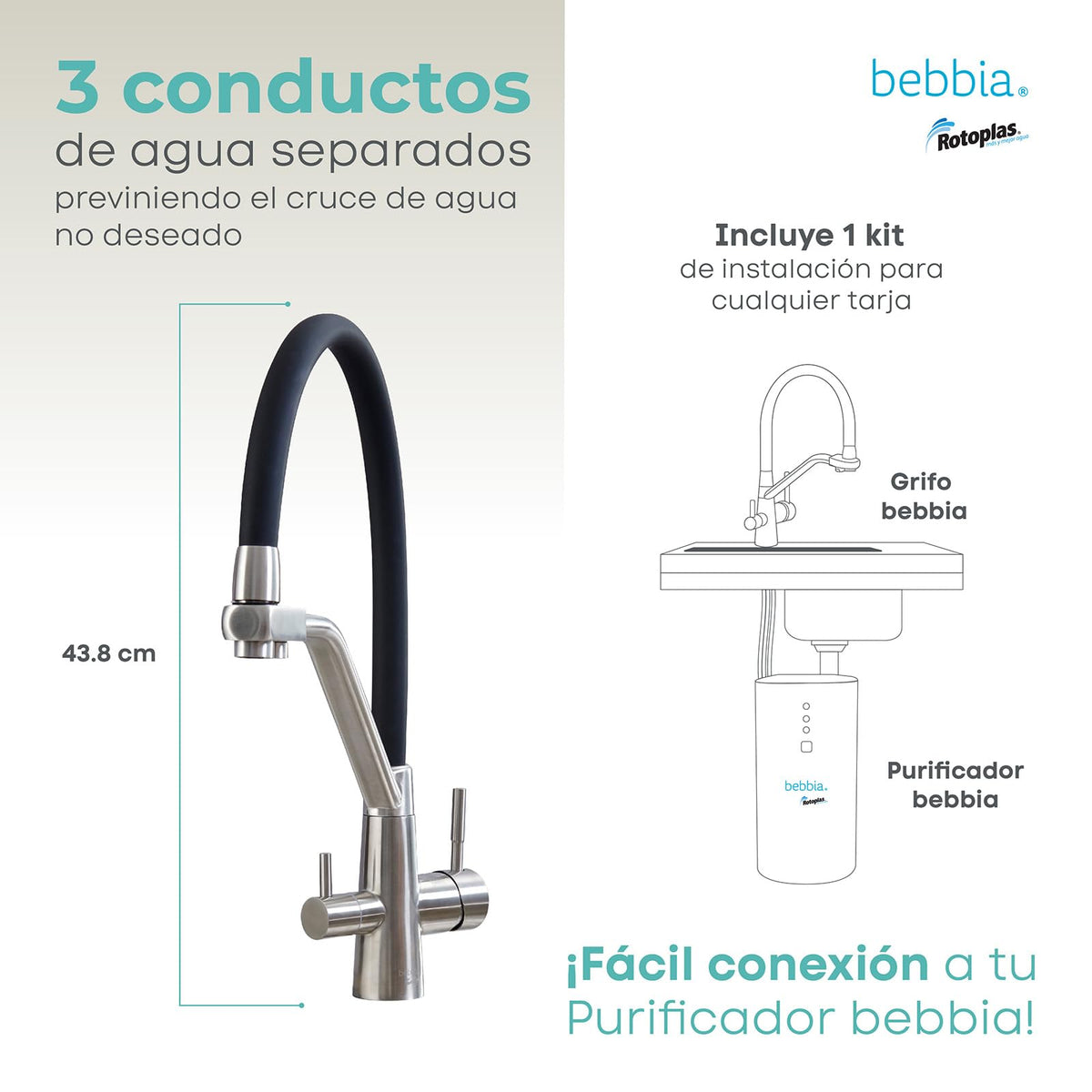 ROTOPLAS BEBBIA GRIFO PARA COCINA 3 VÍAS PARA AGUA PURIFICADA (FLEXIBLE)