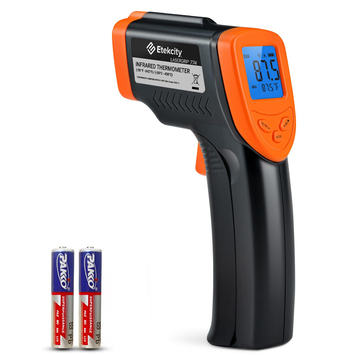 Etekcity - Pistola de temperatura infrarroja para horno de pizza, parrilla, carne, caramelos, motor del vehículo, lector de temperatura superficial de -124 °F a 1000 °F, naranja