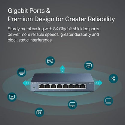 TP-Link Switch de Red Gigabit TL-SG108 - 8 Puertos RJ45 Gigabit - Carcasa Metálica - Plug and Play - QoS e IGMP Snooping - Ahorro de Energía