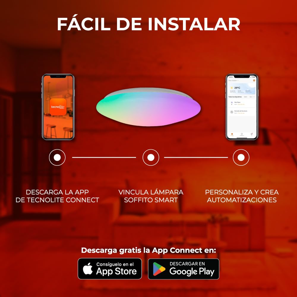 Tecnolite Connect - Lámpara Plafón LED Inteligente WiFi 30 W, Luz RGB + Blanca, Atenuable, Compatible con App móvil, Alexa, Google y Siri, Lámpara Interior de Techo
