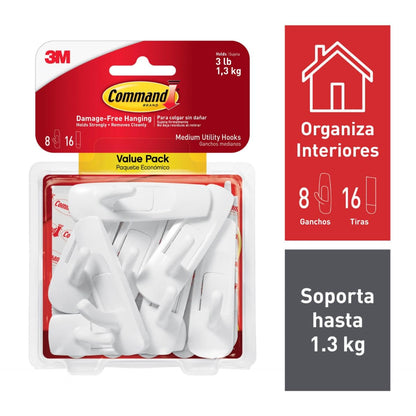 COMMAND 3M Gancho Adhesivo Removible de Plástico Mediano Blanco 8 piezas | Soporta hasta 1.3 kg, Organiza interiores sin dañar superficies, No requiere herramientas, Fácil de instalar, Fijación segura