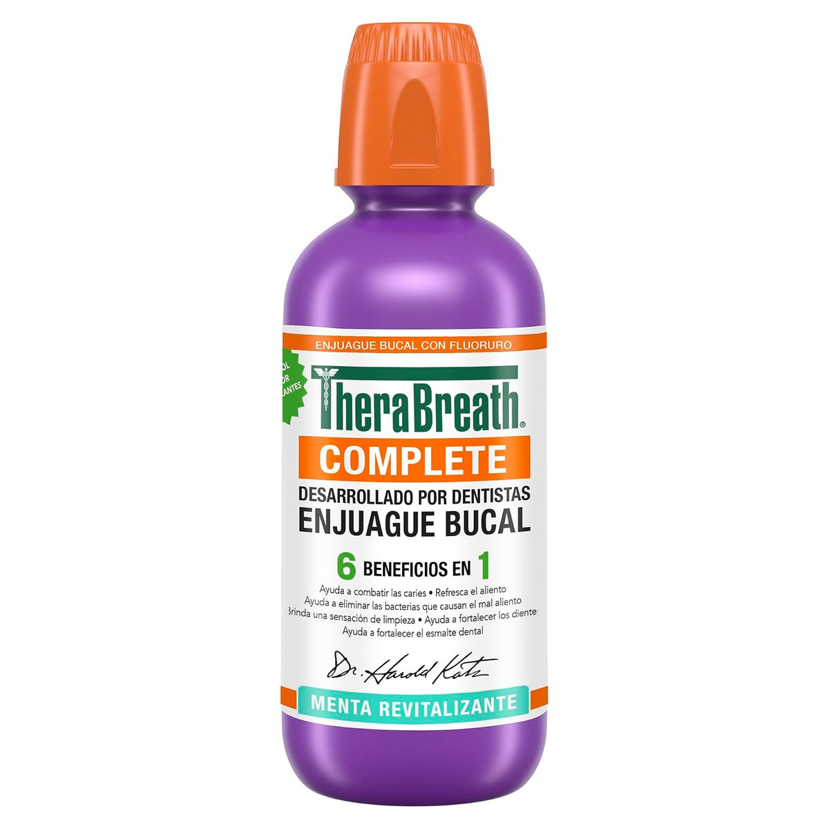 TheraBreath Enjuague Bucal Complete 6 en 1, Menta Revitalizante 473 ml. | Ayuda a Combatir las Caries y el Mal Aliento, Fortalecer los Dientes y el Esmalte. Sin Ardor ni Colorantes. Sin alcohol.