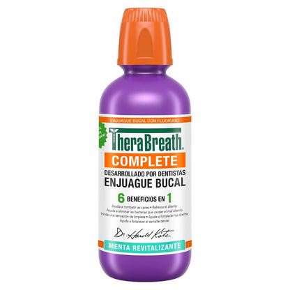 TheraBreath Enjuague Bucal Complete 6 en 1, Menta Revitalizante 473 ml. | Ayuda a Combatir las Caries y el Mal Aliento, Fortalecer los Dientes y el Esmalte. Sin Ardor ni Colorantes. Sin alcohol.