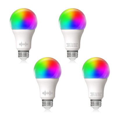Bombilla LED inteligente A19 equivalente a 60 W RGB+2700 K-6500 K, 4 unidades