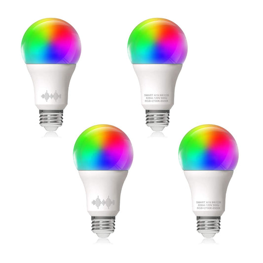 Bombilla LED inteligente A19 equivalente a 60 W RGB+2700 K-6500 K, 4 unidades