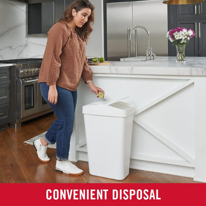 Rubbermaid – Contenedor para Residuos con Tapa Abatible que Ayuda a Contener los Olores, Bote de Perfil Delgado para Cocina, Lavandería y Despensa, Capacidad de hasta 46 L, Blanco 2170116