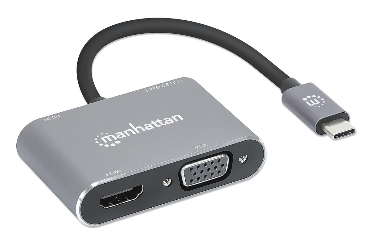 Adaptador USB C a HDMI 4K y VGA, Docking Station 4 en 1 con Puerto USB 3.0 y Carga PD 87W para MacBook Pro, Air, iPad, Laptop y Surface, Doble Salida de Video, Gris Espacial, Manhattan 130691