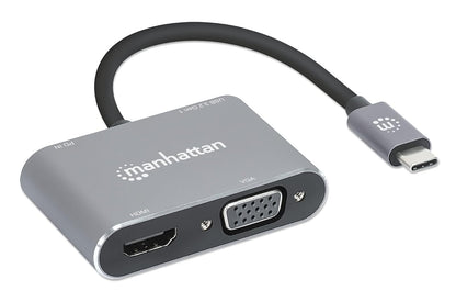 Adaptador USB C a HDMI 4K y VGA, Docking Station 4 en 1 con Puerto USB 3.0 y Carga PD 87W para MacBook Pro, Air, iPad, Laptop y Surface, Doble Salida de Video, Gris Espacial, Manhattan 130691