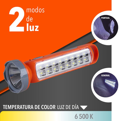 Tecnolite Lámpara LED Recargable Portátil, Linterna LED, 3 Horas de Uso, 250 m. de Distancia, 3 W, 100 - 240 V, 160 Lumens, Luz de Día 6 500 k, IP 20, Color: Naranja.