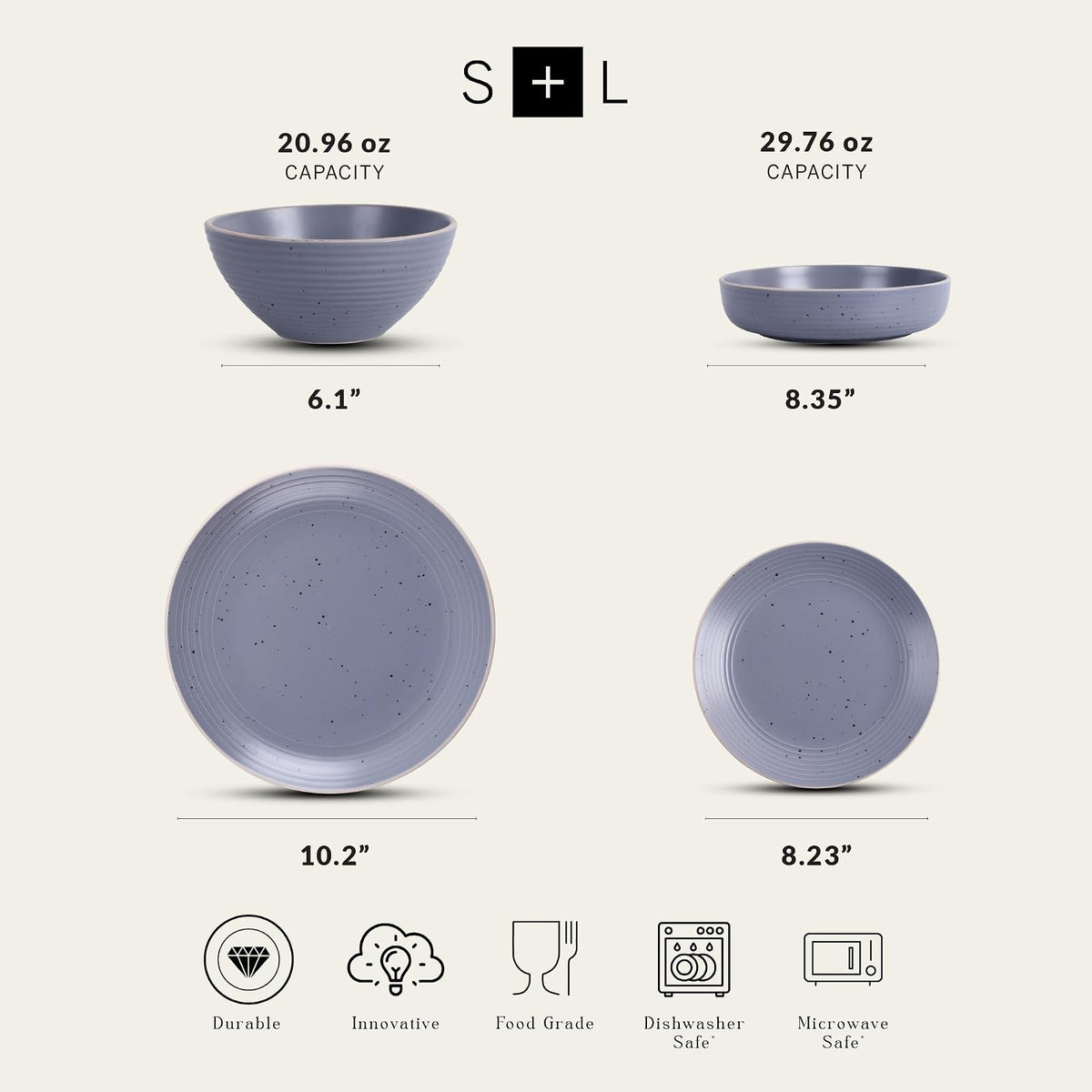 Stone Lain Lauren - Juego de platos y cuencos rústicos, vajilla, servicio para 4, gris claro moteado, apto para lavaplatos y microondas, 16 piezas