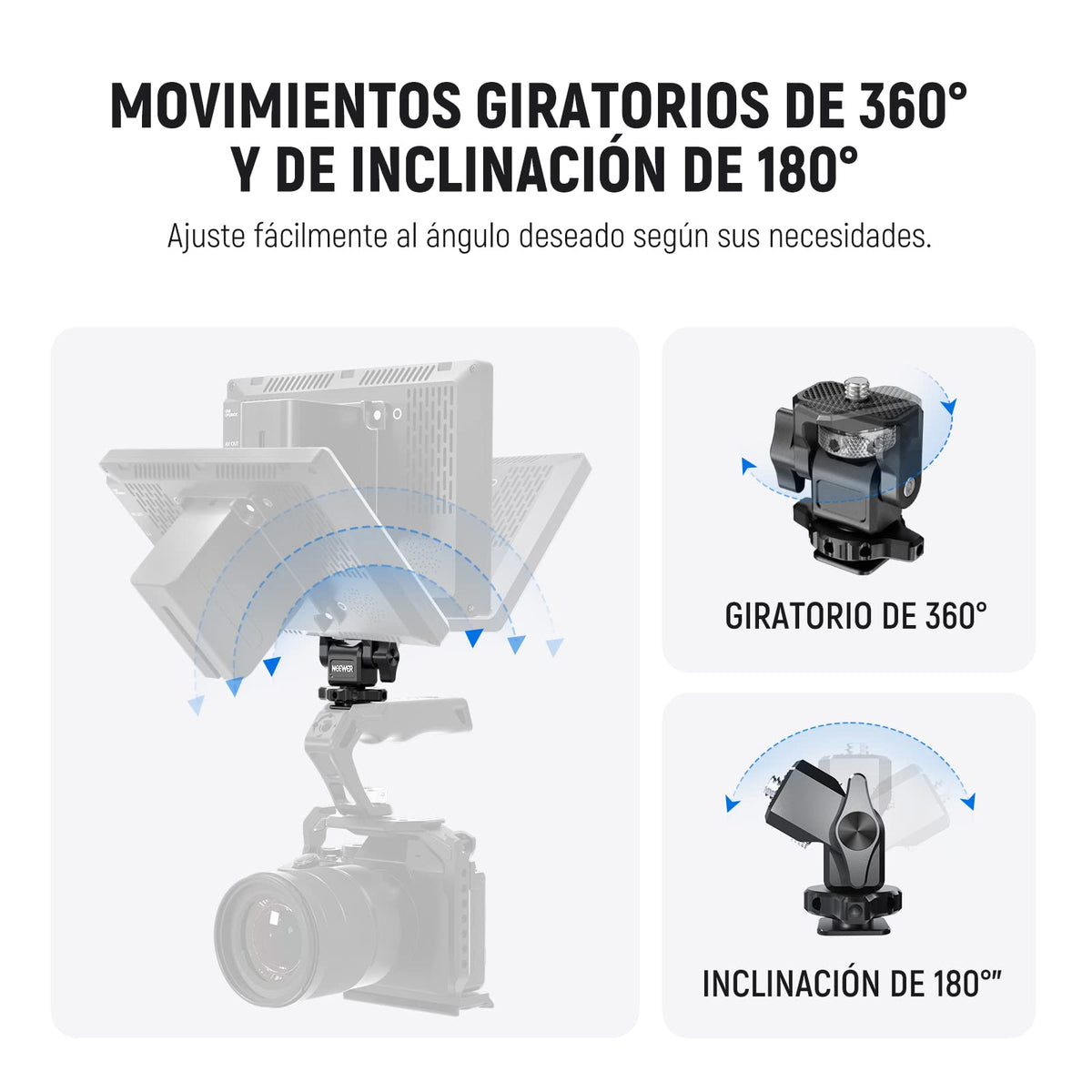 NEEWER Soporte para Monitor de Campo de 5" y 7" con Montura de Zapata fría 1/4",Giro de 360° Amortiguación de inclinación de 180° ajustable, Compatible con Atomos Ninja V Mango de Jaula SmallRig,MA002