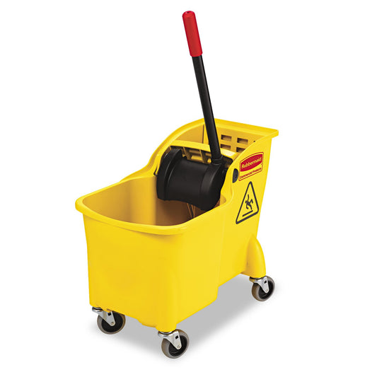 Rubbermaid Commercial Products, Cubo de trapeador con escurridor sobre Ruedas, Cubo de trapeador Todo en uno, Resistente, Amarillo, 31 Cuartos (FG738000YEL)
