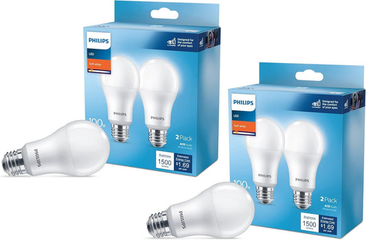 PHILIPS - foco LED básica esmerilada no regulable A19, tecnología EyeComfort, 1500 lúmenes, blanco suave (2700 K), 14 W = 100 W, base E26, certificado por título 20, interior, paquete de 4