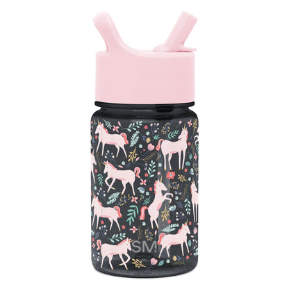 Simple Modern Botella de Agua para Niños con Popote 355 ml - Tapa cubierta | 12 onzas - Campos de unicornio