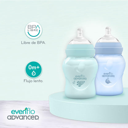 Evenflo Advanced Biberón Anticólicos Avanzado, Cuello Ancho, Azul y Verde Turquesa, Silicón Grado Alimenticio, 150ml, Sistema Doble Válvula, Flujo Lento, para Bebés 0-3 Meses, Paquete de 2 Piezas
